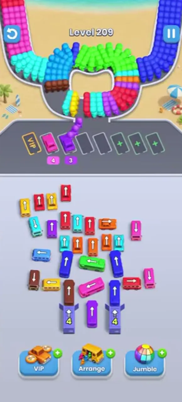 Level 209 with a purple bus driving to the waiting row and the second row of the crown opened