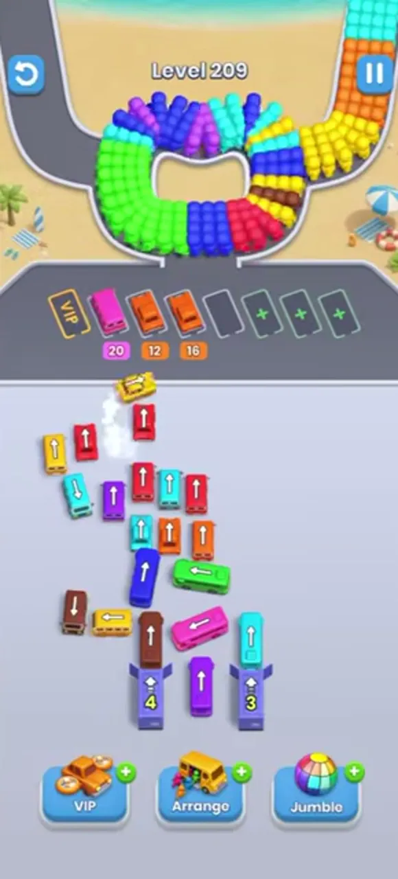 Level 209 with three buses in the waiting row and the right garage counter showing 3