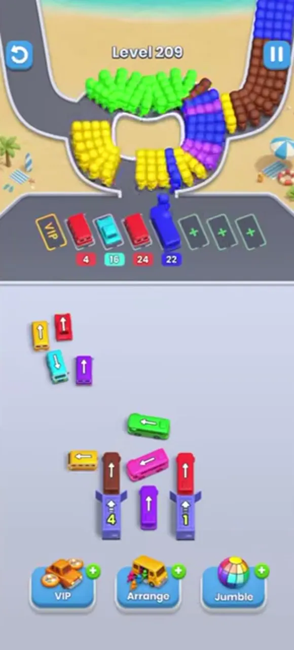 Level 209 with four buses in the waiting row and the right garage counter at 1