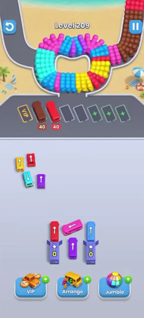 End of level 209: a few small buses at the top left, the garage buses at the bottom and both counters at 0