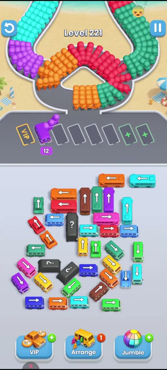 Level 221 after the first tap: one purple bus driving into the waiting row, the block still nearly full