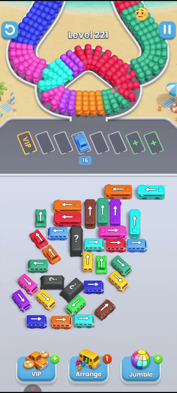 Level 221 with one blue bus parked in the waiting row and the outer buses of the block cleared