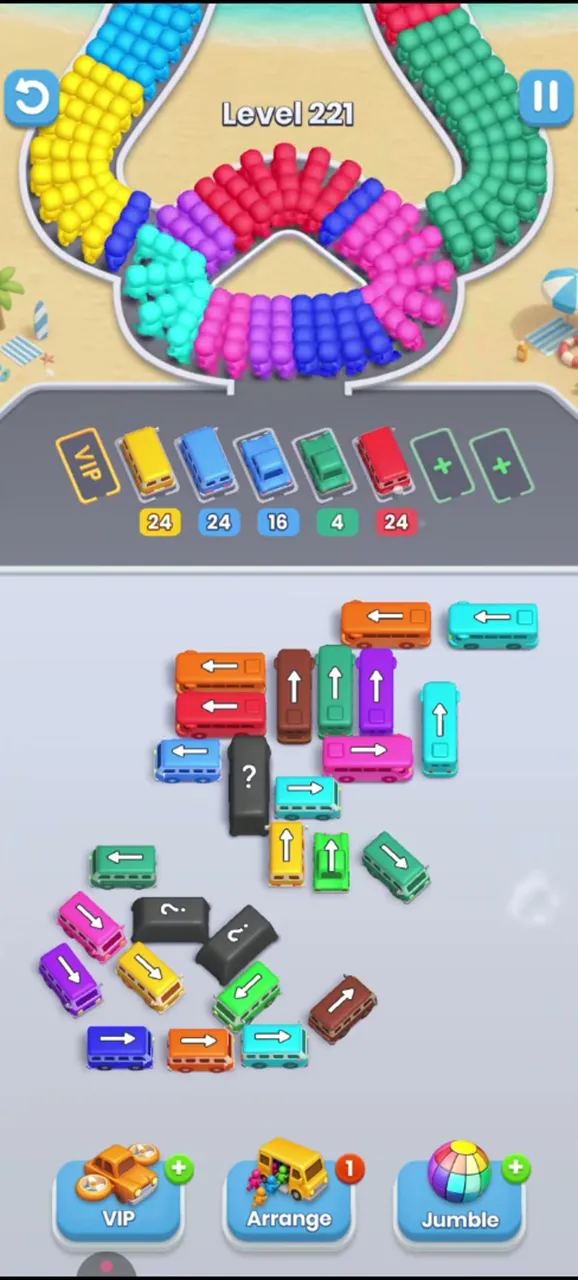 Level 221 with five buses in the waiting row and the middle of the block opening up