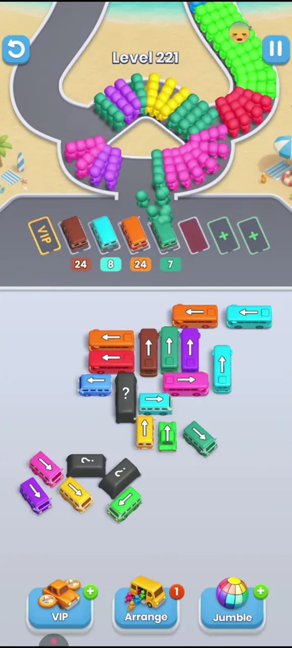 Level 221 with the buses around the lower dark buses removed and five buses parked