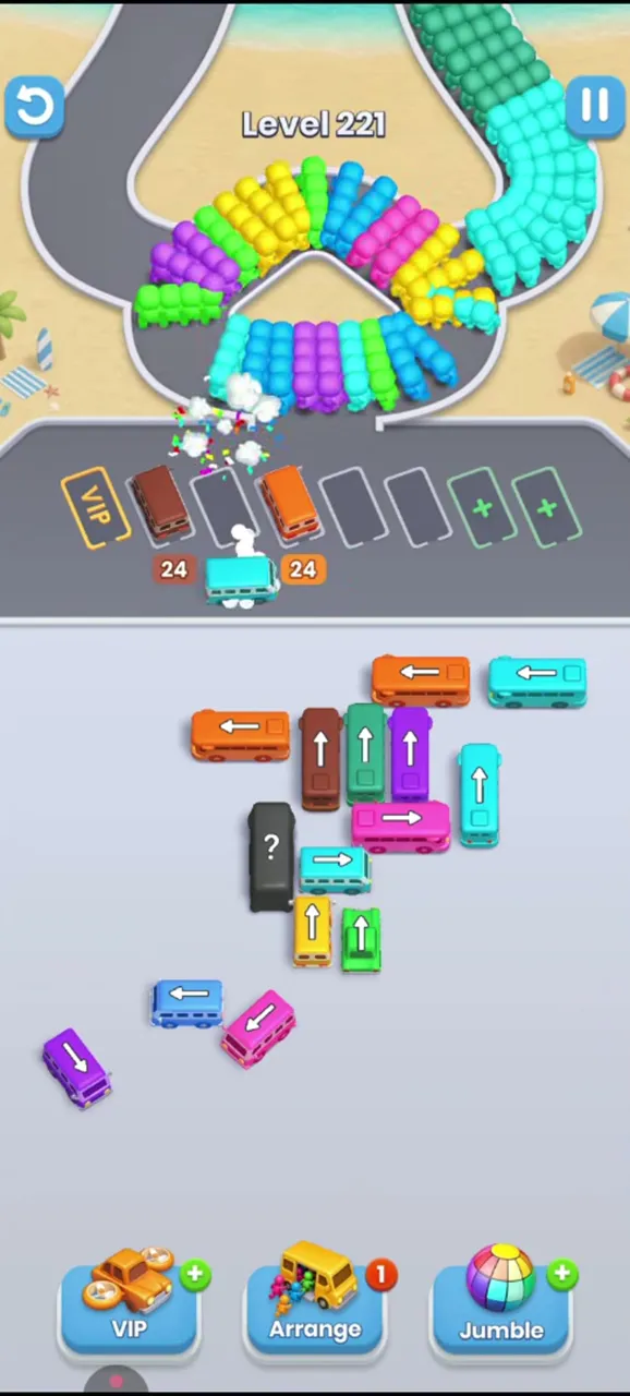 Level 221 with the left side thinner, three buses in the waiting row and the upper dark buses still in place