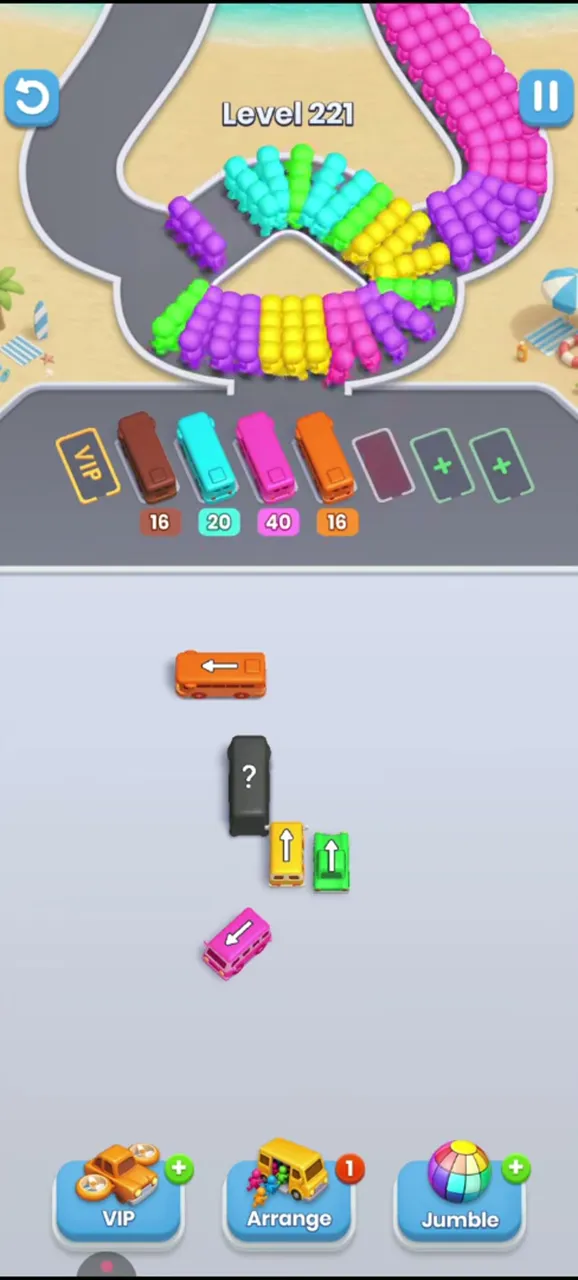 Final stage of level 221: an orange bus, one dark bus with a question mark, yellow and green buses and a pink bus, with four buses in the waiting row