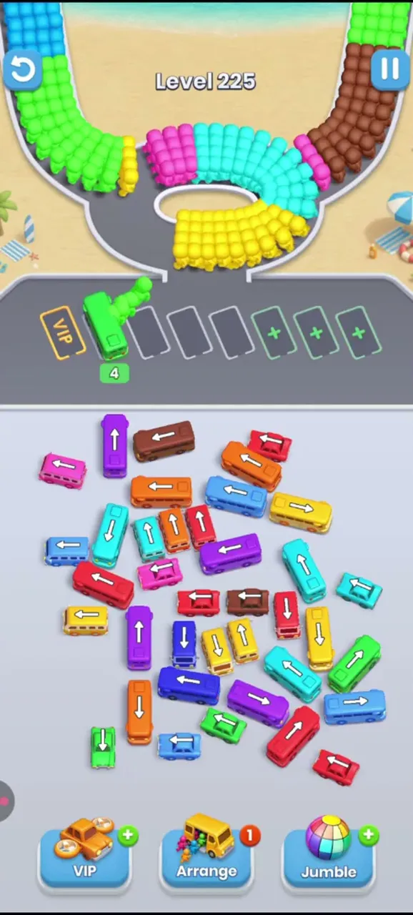 Level 225 with a green bus driving into the waiting row and the lot still almost full