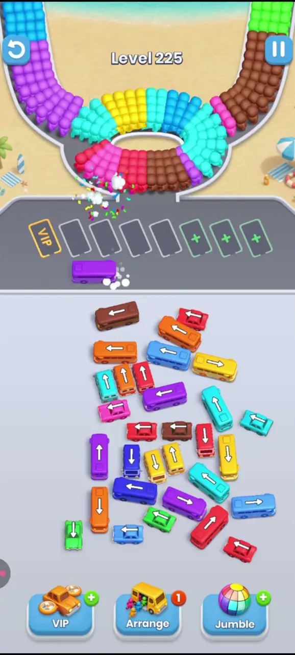 Level 225 with a purple bus leaving the waiting row and the lot nearly unchanged