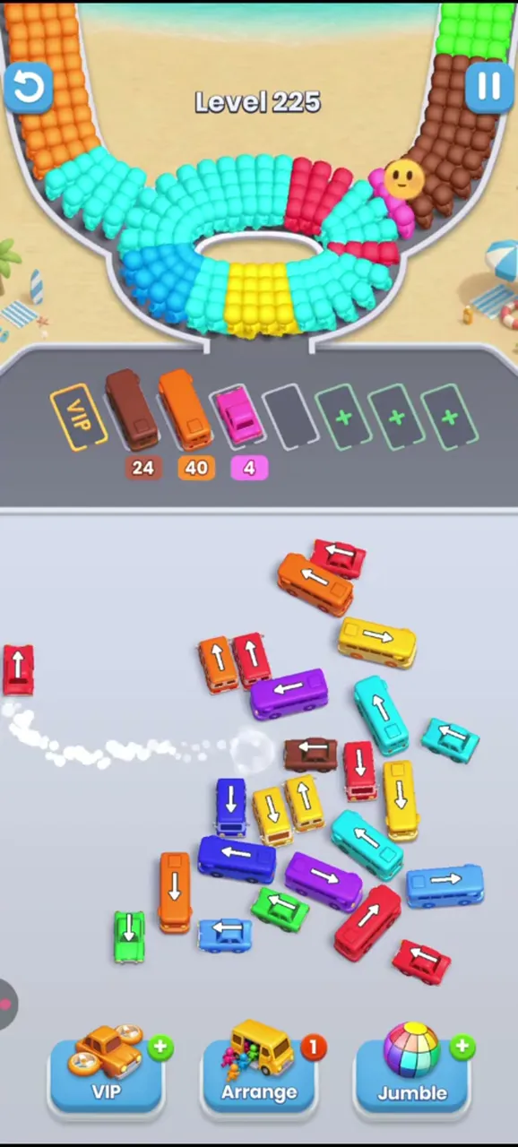 Level 225 with a red bus leaving to the left, three buses in the waiting row and the top left thinner