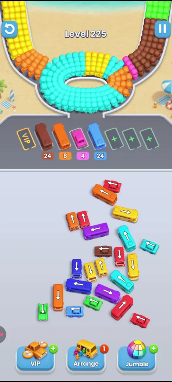 Level 225 with the center pile loosened and four buses in the waiting row