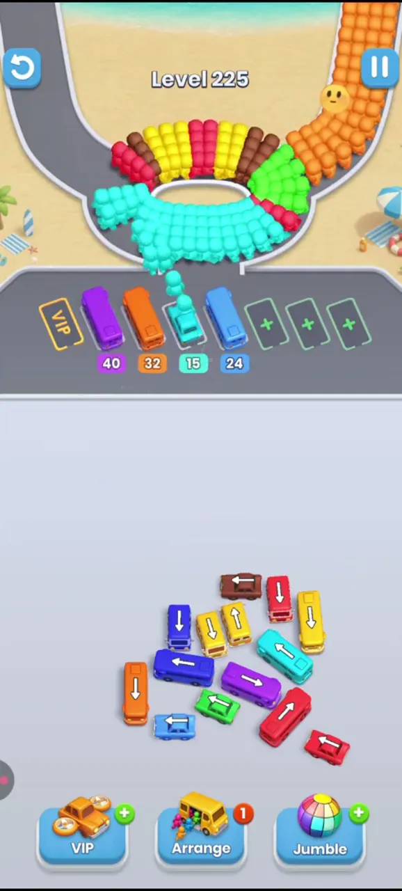 Level 225 with a small group of buses left in the middle and four buses in the waiting row