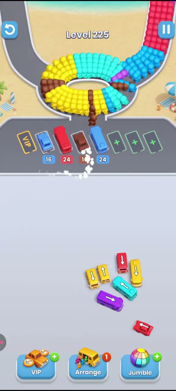Final stage of level 225: a few yellow, cyan, purple and red buses left and four buses in the waiting row