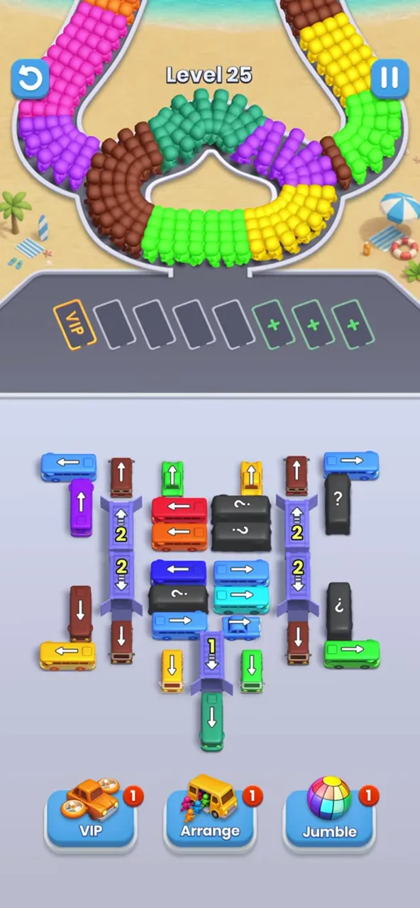 Bus Fever Party level 25: three garages, hidden buses