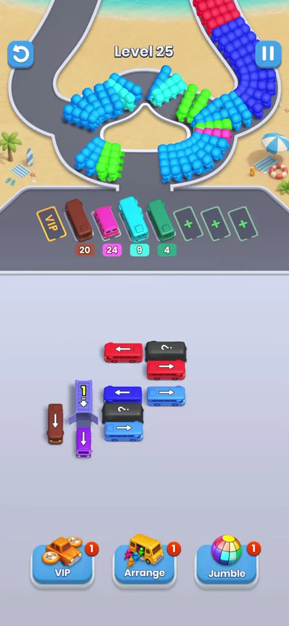 Center block reduced to a few buses, row with 20, 24, 8 and 4 to board