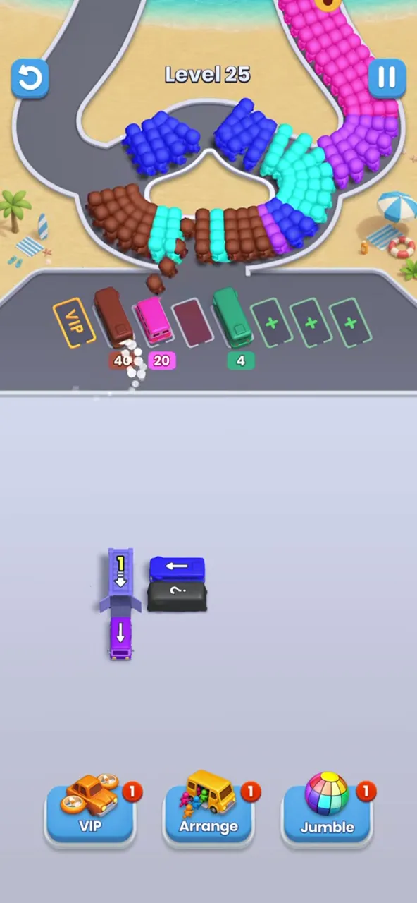 End of level 25: a blue and a dark bus plus the left garage with its counter at 1