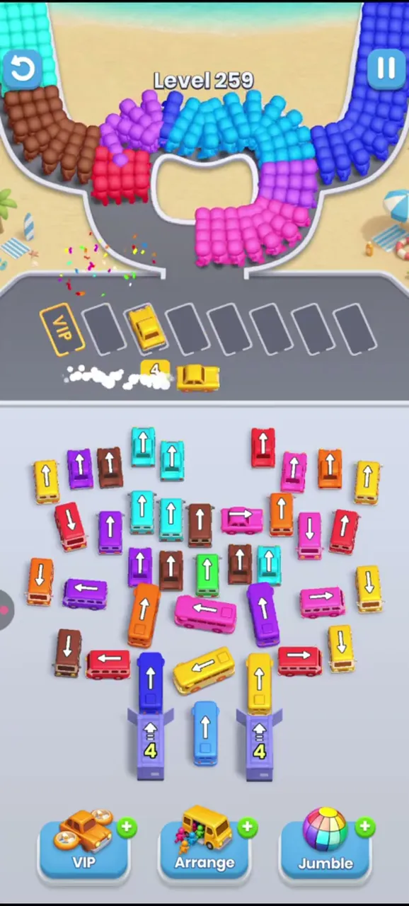 Bus Fever Party level 259: two layouts: garages at bottom or left edge