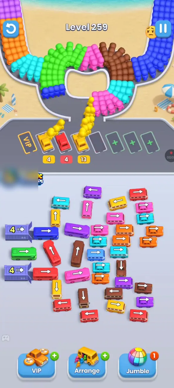 Bus Fever Party level 259 left-garage layout: two purple garages with counters 4 on the left edge, scattered buses with long ones at angles, three buses parked