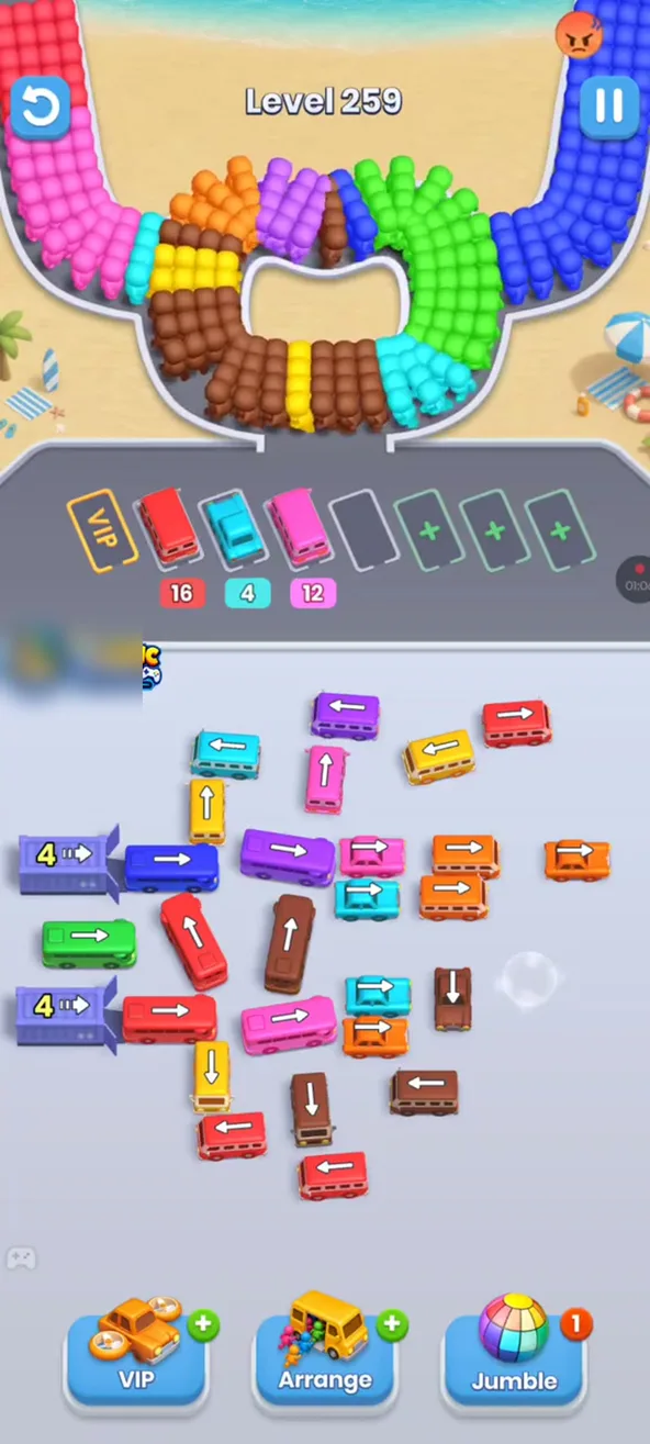 Three buses parked with 16, 4 and 12, garages at 4 and 4