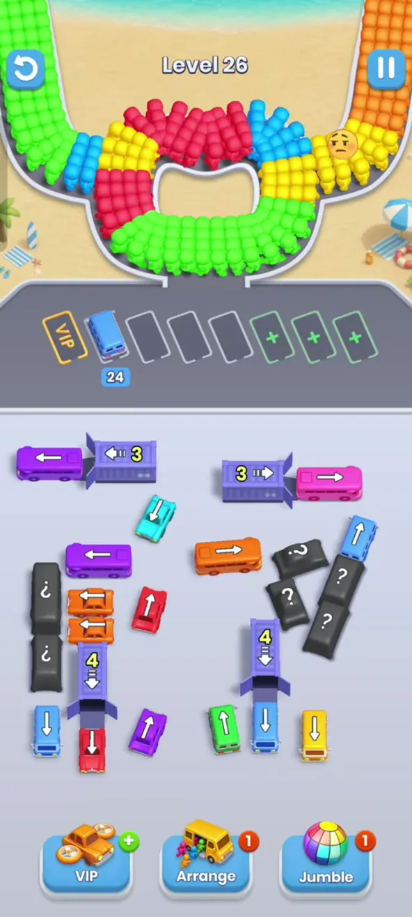 Bus Fever Party level 26 garage layout: four purple garages with counters 3 and 4, dark question-mark buses on the left and right, one bus already parked