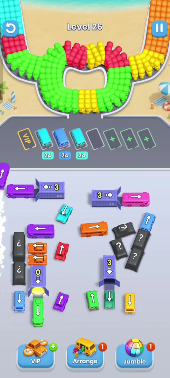 Three buses with 24 parked in the grey spots, garages at the top still showing 3