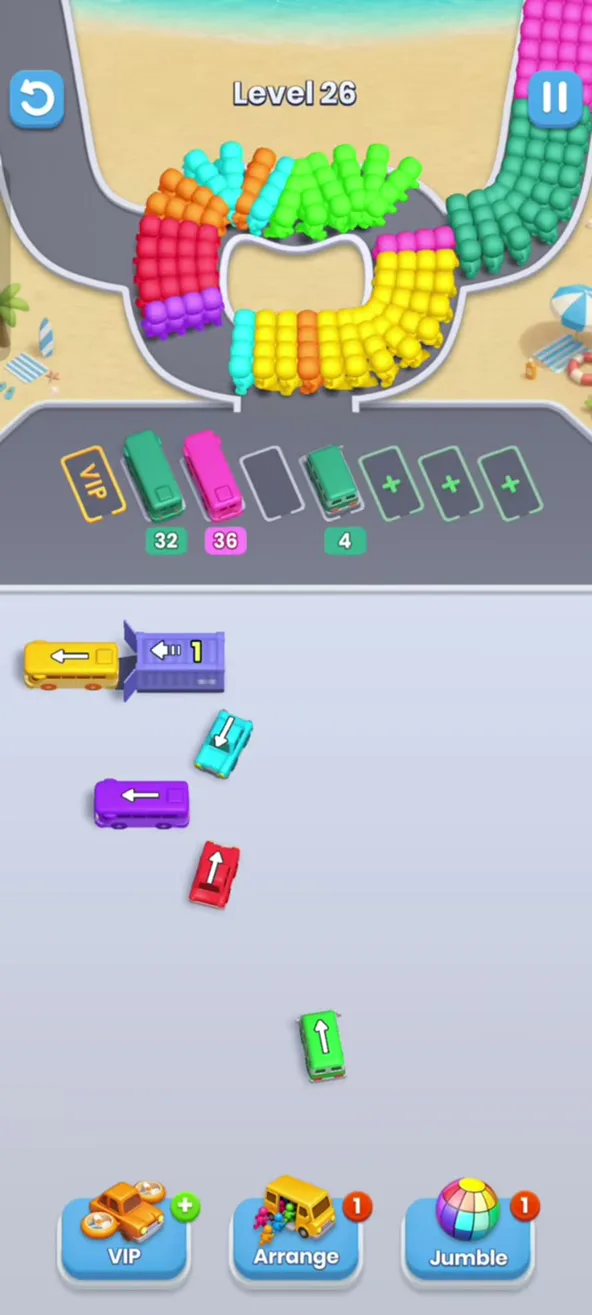 End of the garage layout: two long buses with 32 and 36 parked, three buses left on the lot