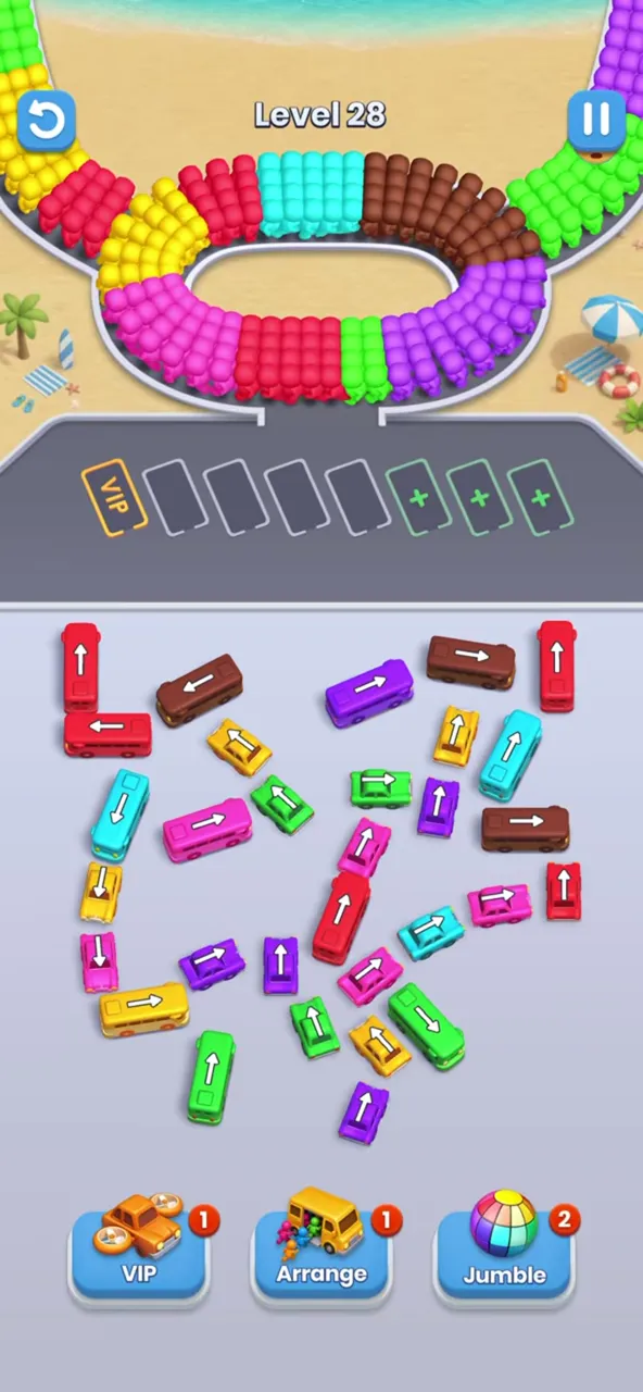 Bus Fever Party level 28: scattered buses, long corner pair