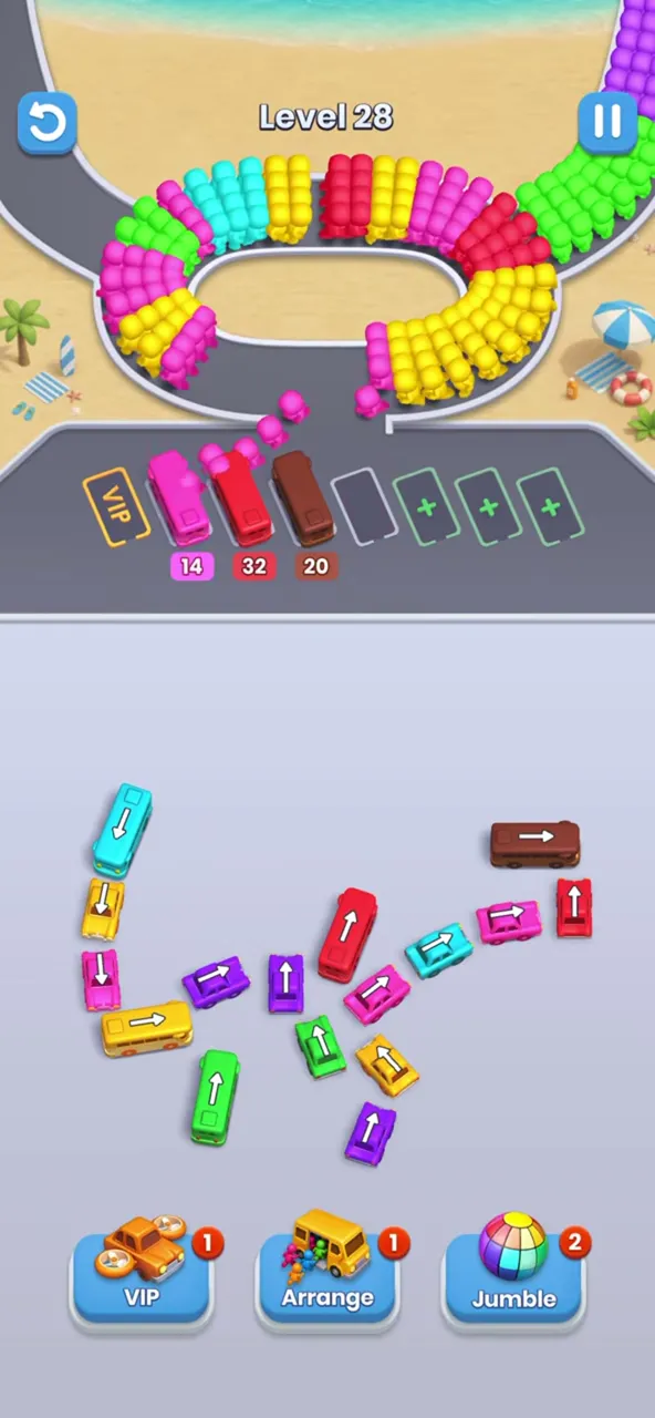 Three parked buses with 14, 32 and 20, the chain across the middle half gone