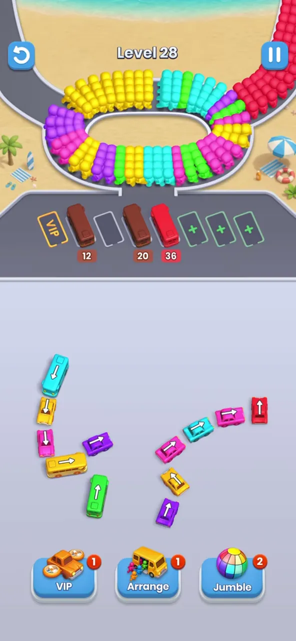 Left column and a short diagonal chain left, three buses parked in the row