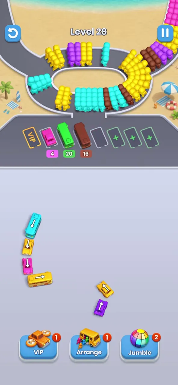End of level 28: four last buses, a long L on the left and two short ones, three buses parked