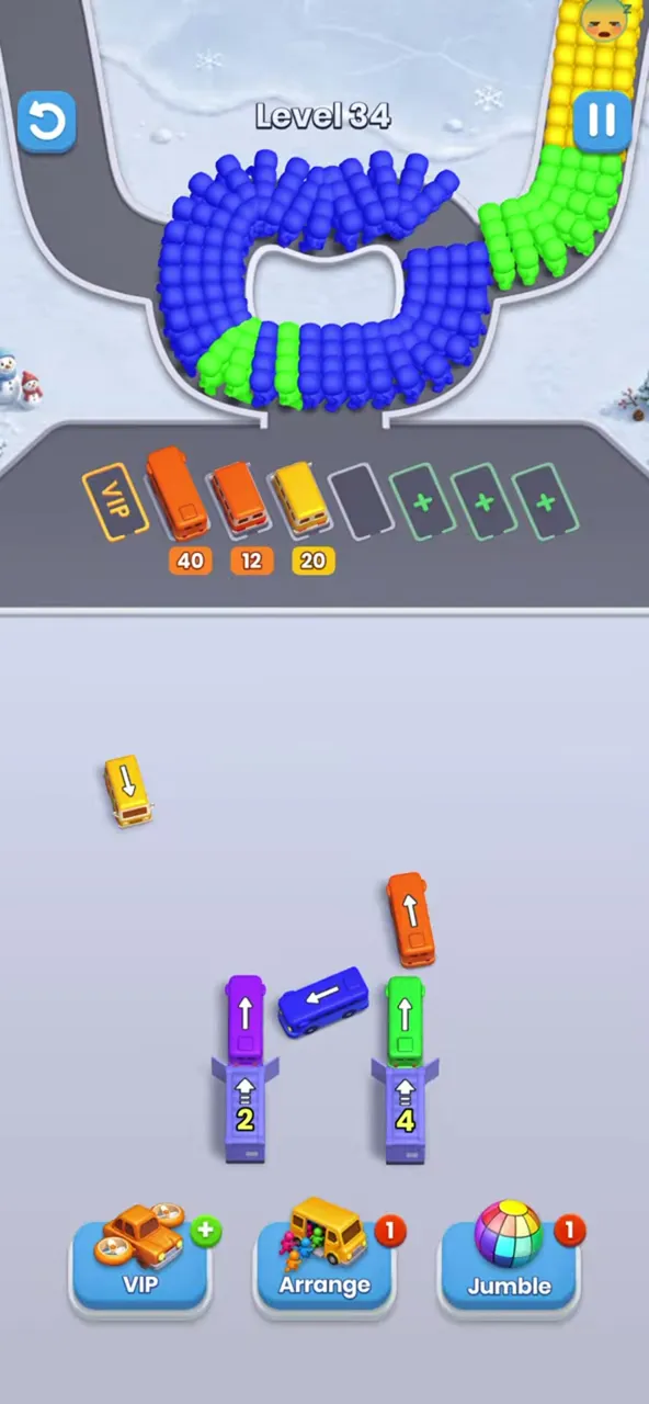 End of level 34: only the two garages with counters 2 and 4 and their buses remain
