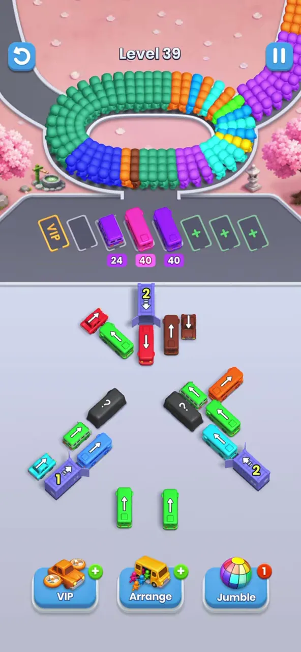 Two thin diagonal arms left, three long buses waiting in the row