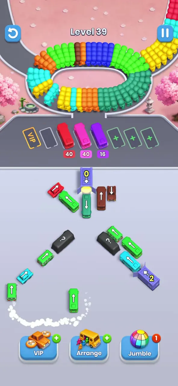 Top garage with counter 0 and a bus rolling out, row with 40, 40 and 16