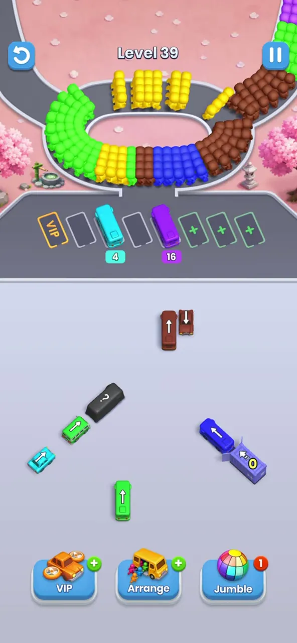 End of level 39: a few buses left and the right garage with its counter at 0