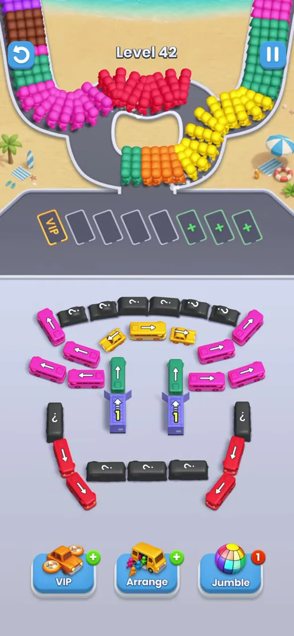 Bus Fever Party level 42: arcs, two garages, hidden buses