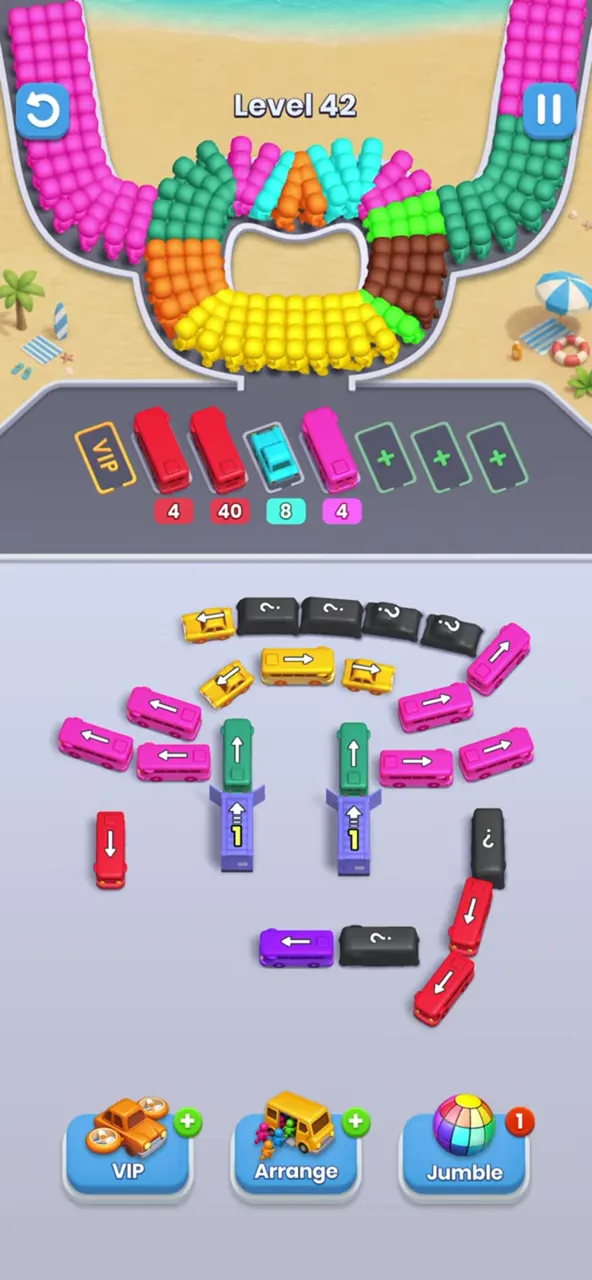 Four parked buses, a dark bus in the bottom row now showing its color
