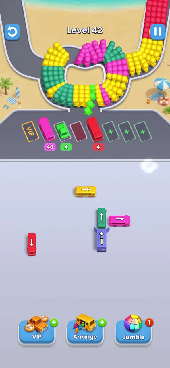 End of level 42: the right garage and a few last buses, three buses parked in the row