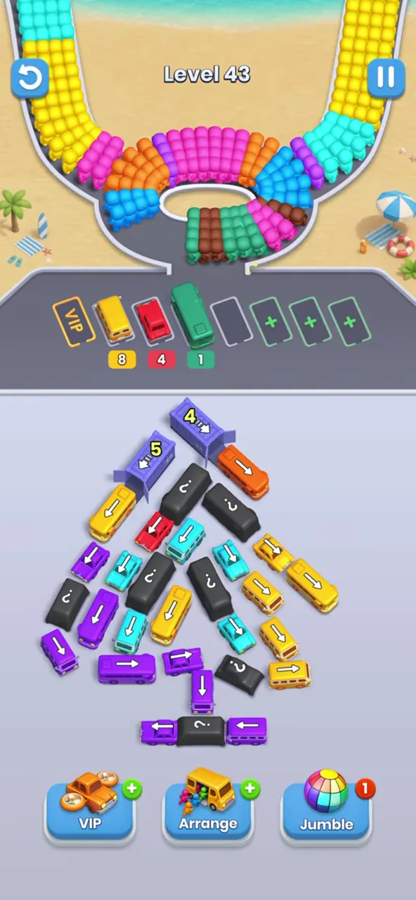 Level 43 after the first taps: three buses parked in the waiting row, the outer edge of the triangle thinner, one dark question-mark bus now showing at the bottom