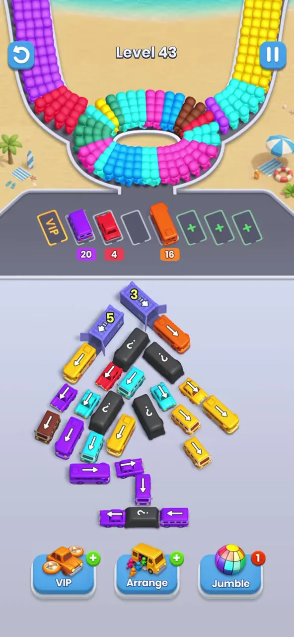 Level 43 with three buses parked, a purple, a red and an orange one, and several dark question-mark buses still in the middle of the triangle