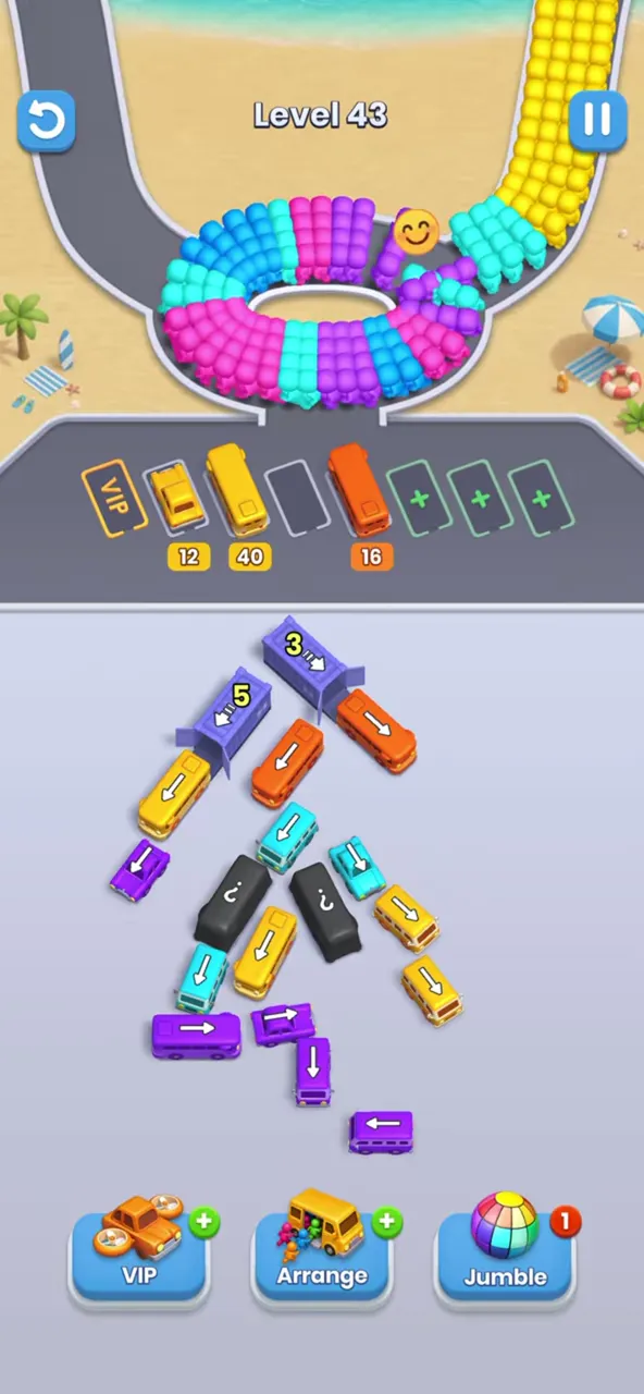 Level 43 with the middle of the triangle thinned out, the top garage on 3 and the left garage on 5, and the bottom purple group reduced to two buses