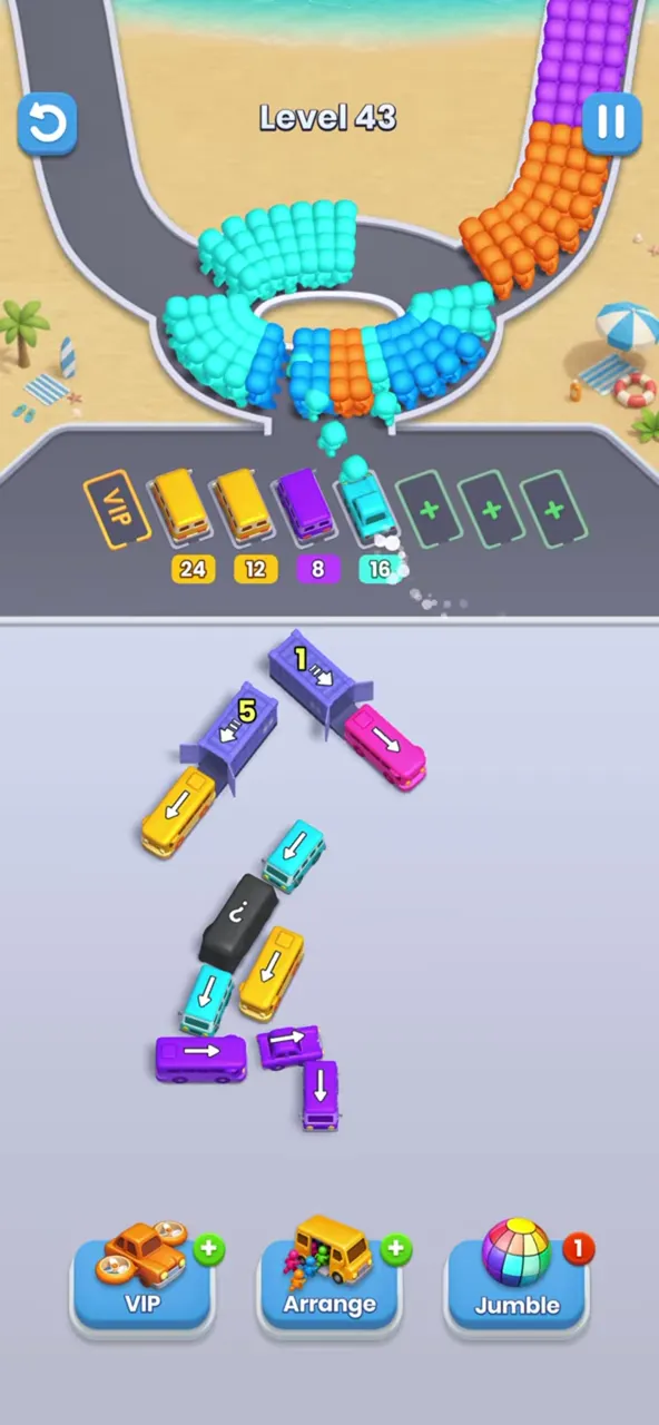 Level 43 with four buses parked and only a thin column of buses left below two purple garages