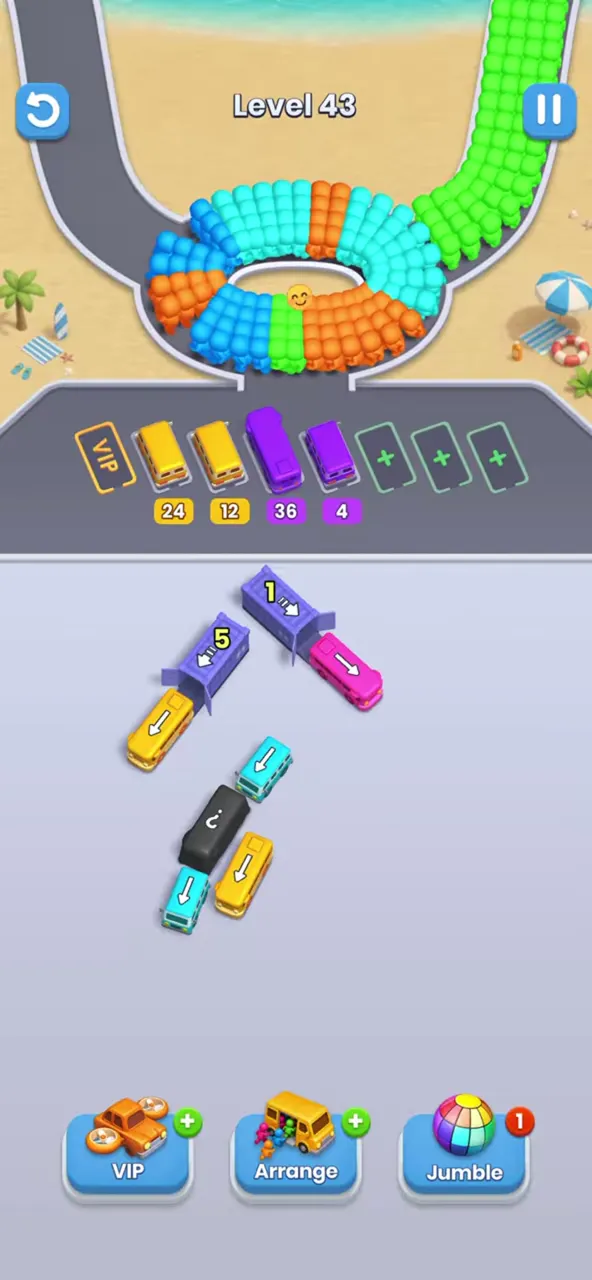 Level 43 with a handful of buses left: two garages with counters 1 and 5, a pink bus at the top, a dark bus and a few teal and yellow buses