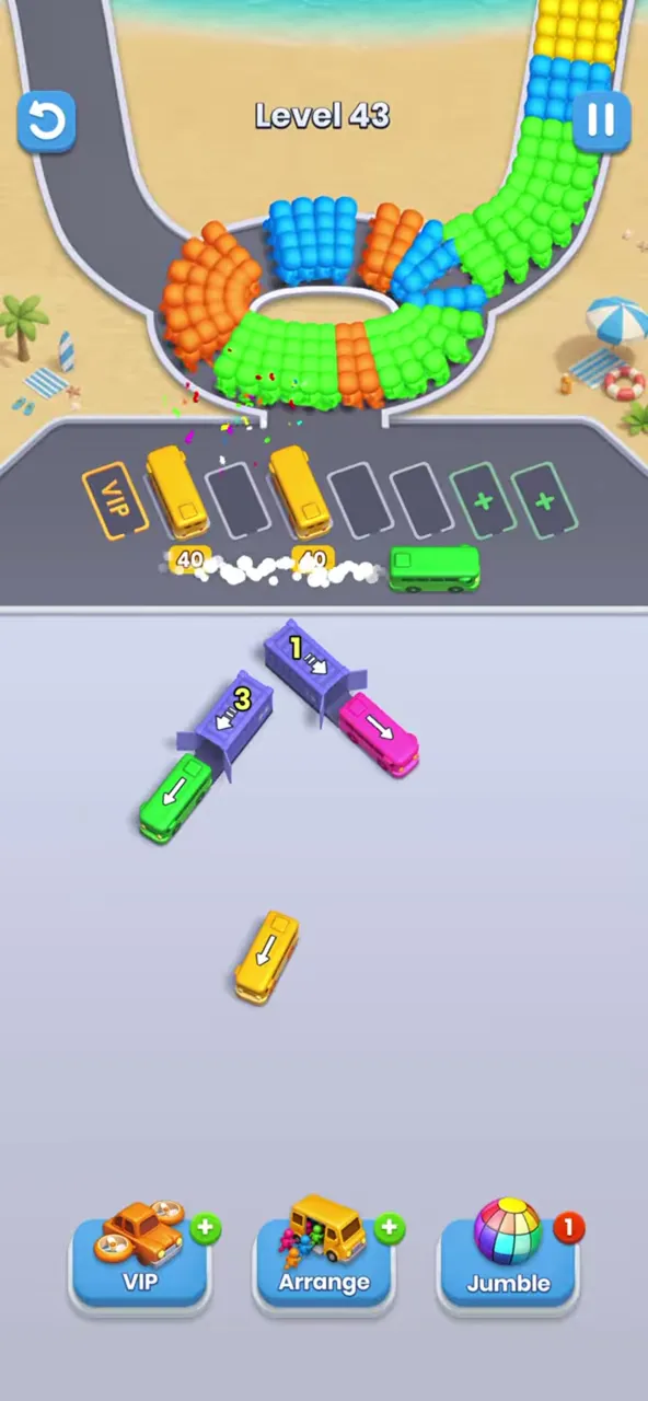 End of level 43: a lone yellow bus in the middle, a green bus and a pink bus beside the garages with counters 3 and 1, and a green bus leaving the waiting row
