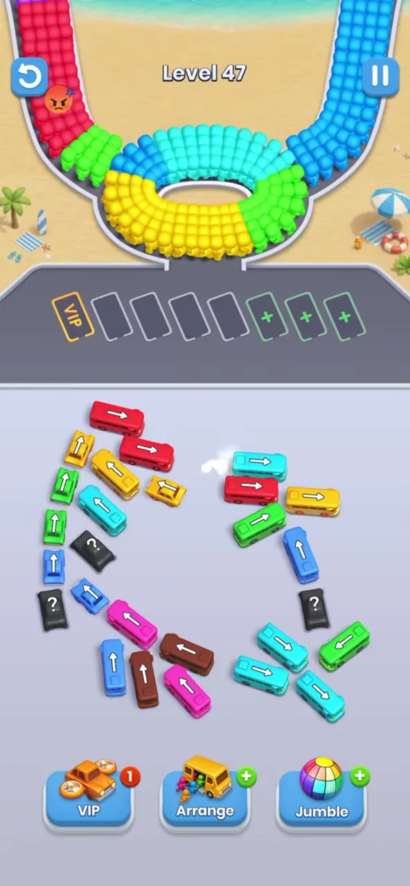 Bus Fever Party level 47: two clusters and a pinwheel