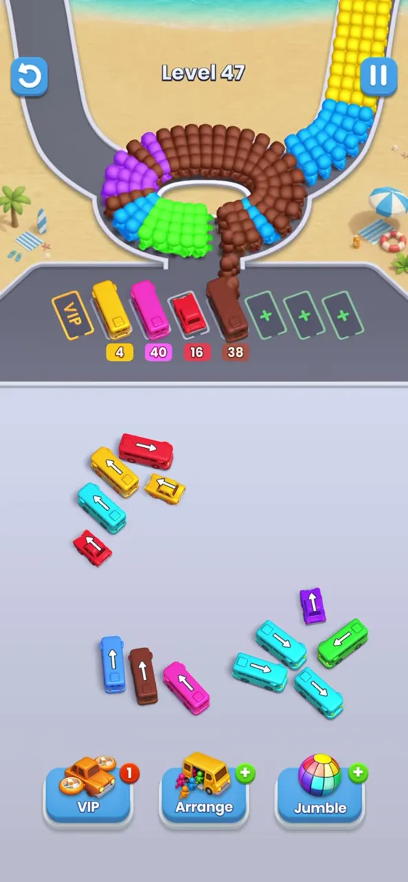 Level 47 with four buses parked, a yellow, a pink, a red and a brown one, and the left chain mostly gone