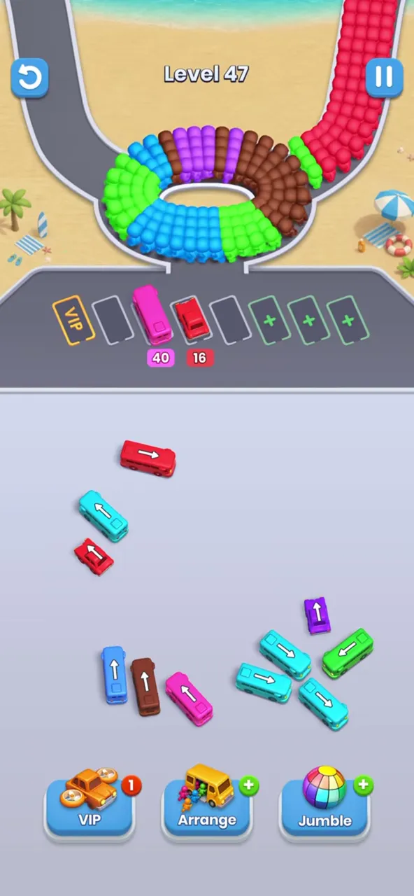 Level 47 with two buses parked and a small group of buses left in the upper left, the trio at the bottom and the pinwheel at the lower right
