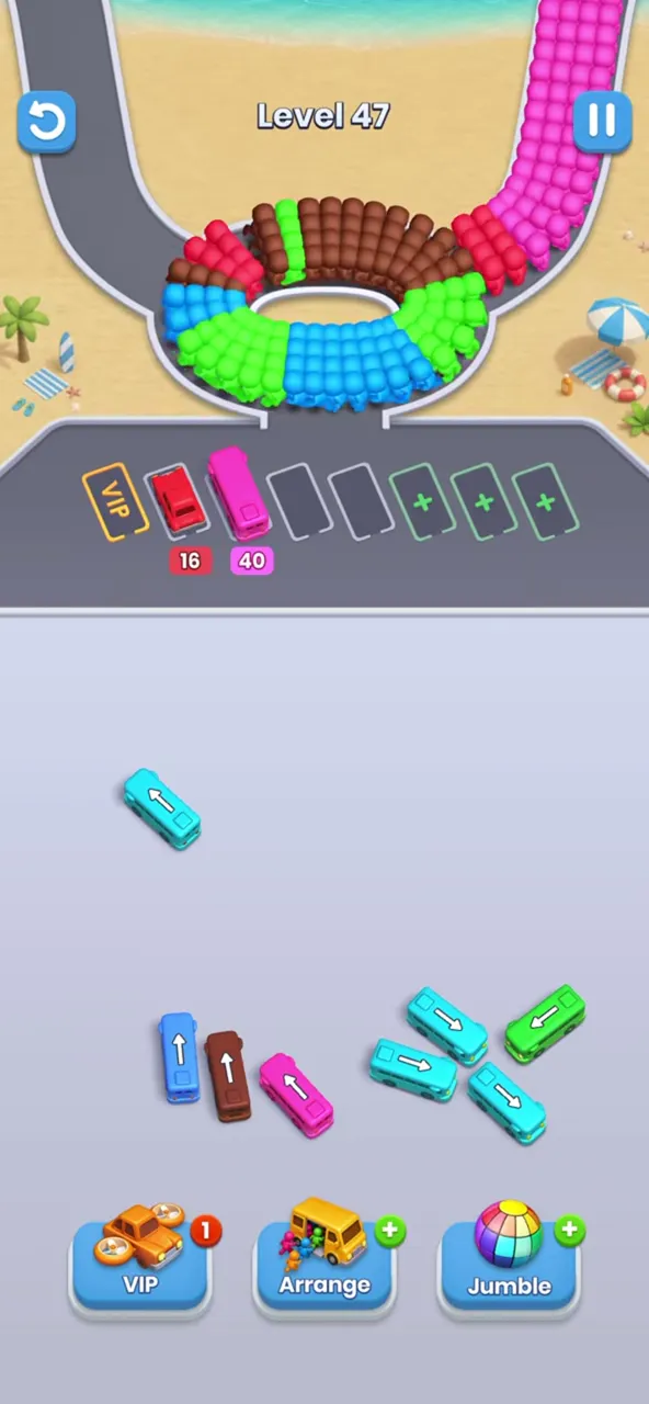 Level 47 with a single teal bus at the top, the blue, brown and pink trio at the bottom left and the pinwheel at the lower right