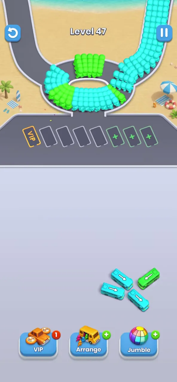 End of level 47: an empty waiting row and only a small pinwheel of teal and green buses at the lower right
