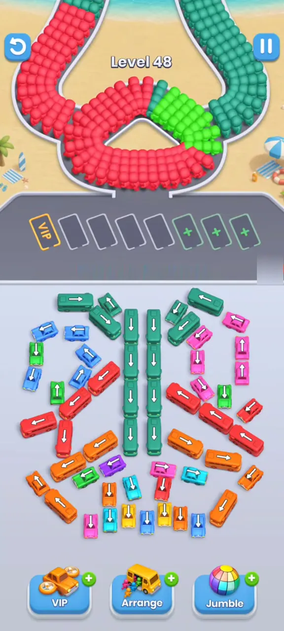 Bus Fever Party level 48: a column of long buses
