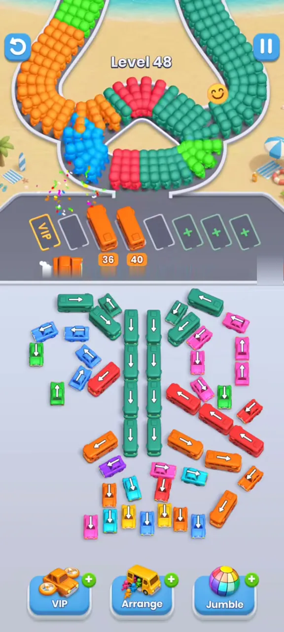 Level 48 after the first taps: two long orange buses parked with counters 36 and 40, the bottom arc a little thinner