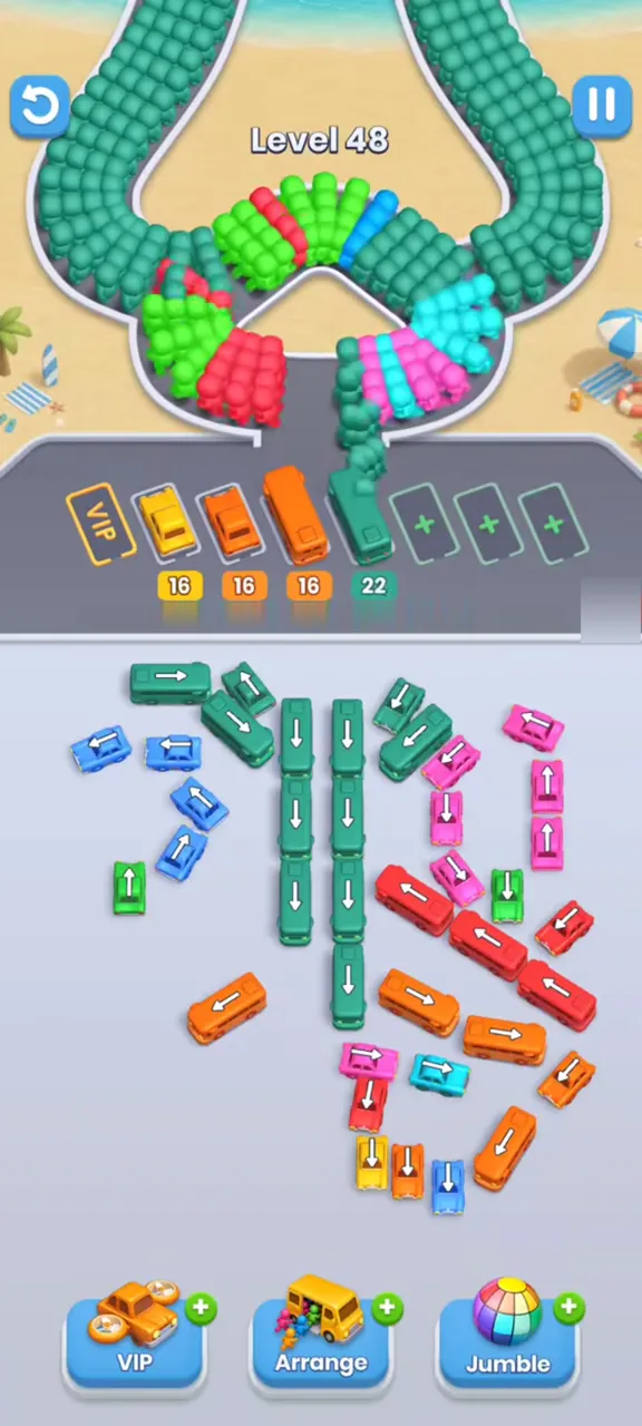 Level 48 with a yellow, two orange and a long teal bus parked, and the bottom arc almost cleared
